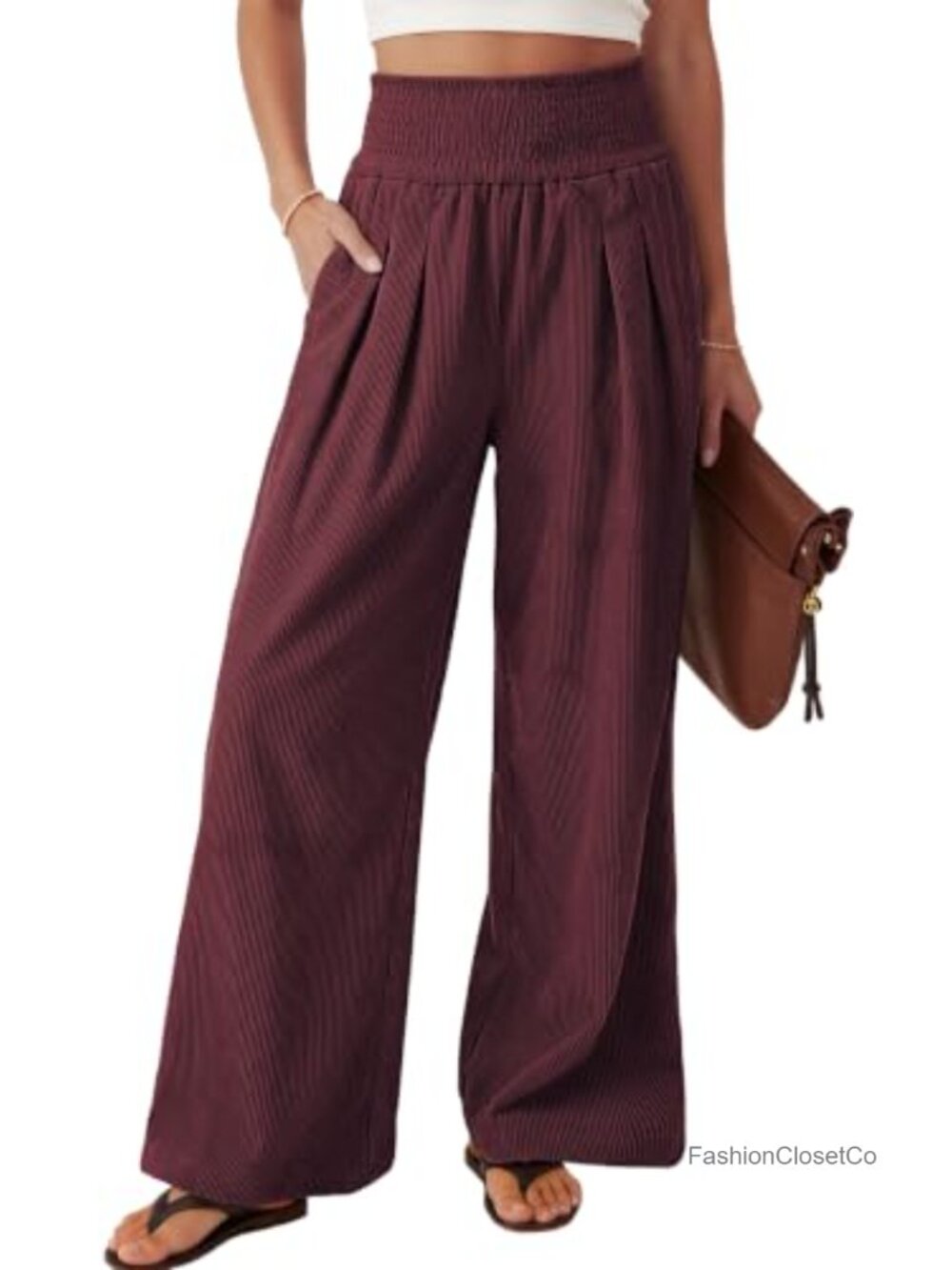 Women's Wide Leg Corduroy Palazzo Pants with Pockets Smocked Waist